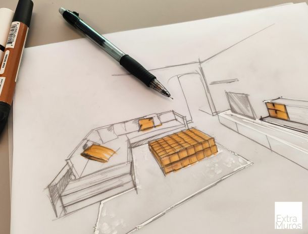 croquis d'un salon par un architecte d'intérieur